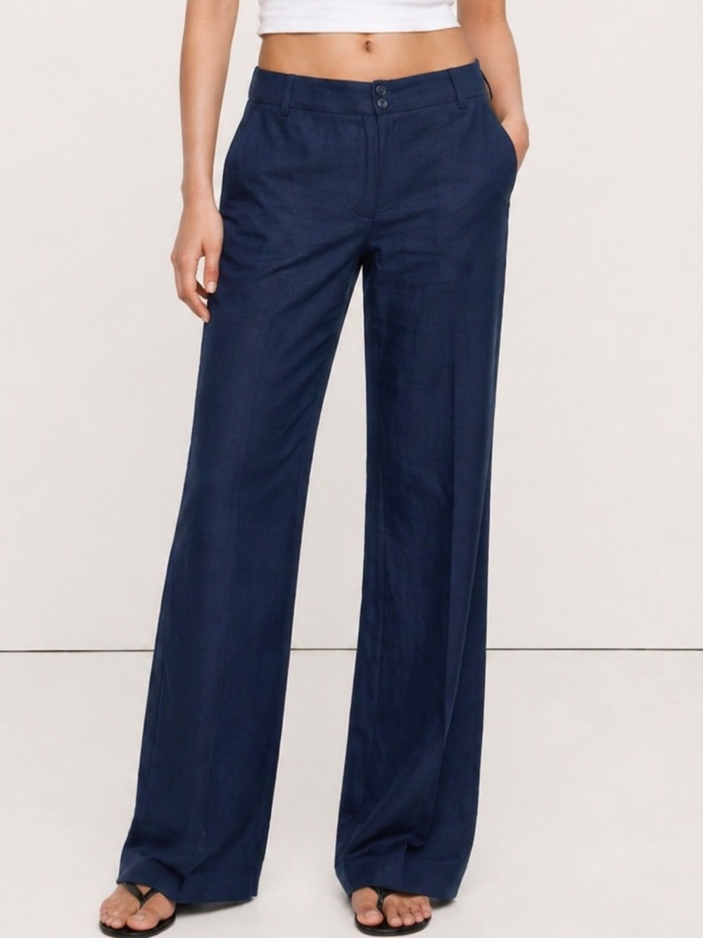 Theory Vintage USA 90s Y2K Navy Blue Linen Wide Leg Low-Rise Trousers Pants 6